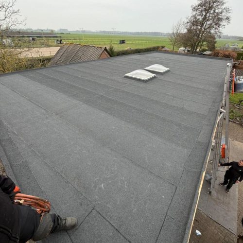 Dakbedekking met lichtkoepels bekeken vanaf de bovenkant.